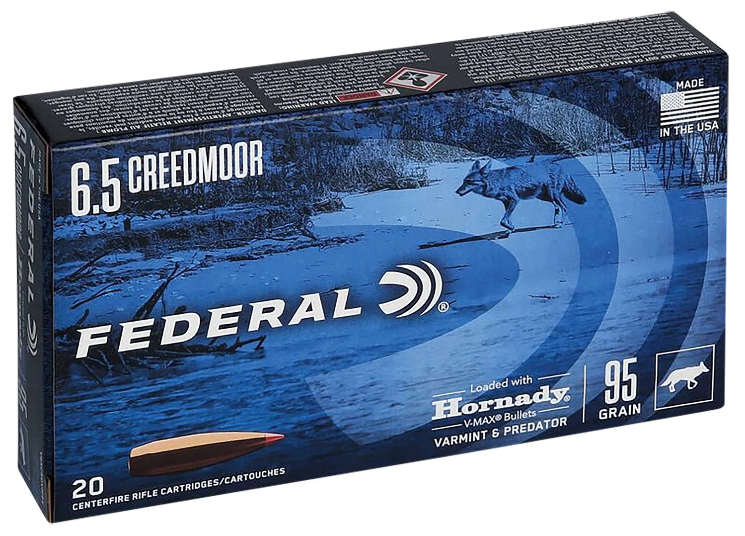 FEDERAL V65crdvm95 Varmint & Predator 6.5creedmoor 95gr Hornady V-max 20 Per Box/10 Case