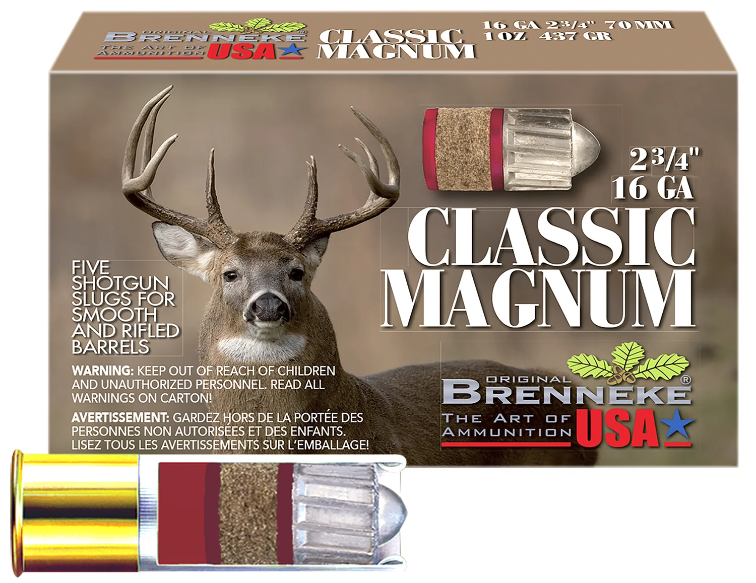 BRENNEKE Sl162clm Classic Magnum 16gauge 2.75" 1oz Slug Shot 5 Per Box/50 Case