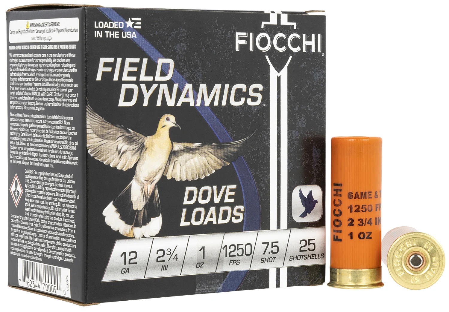 FIOCCHI 12gt75 Field Dynamics Dove & Quail 12gauge 2.75" 1oz 7.5shot 25 Per Box/10 Case