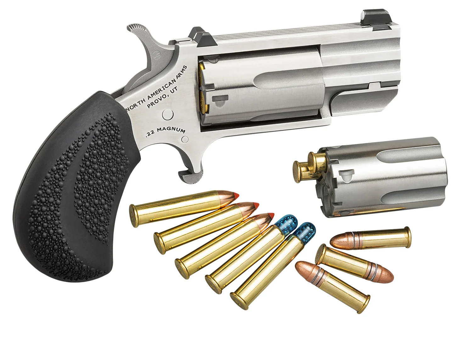 North American Arms PUGDC Pug Conversion 22 LR/22 WMR 5 Shot 1" Stainless Steel Barrel, Stainless Steel Frame, Stainless Cylinder, Black Rubber Grip, Exposed Hammer, XS White Dot Sight