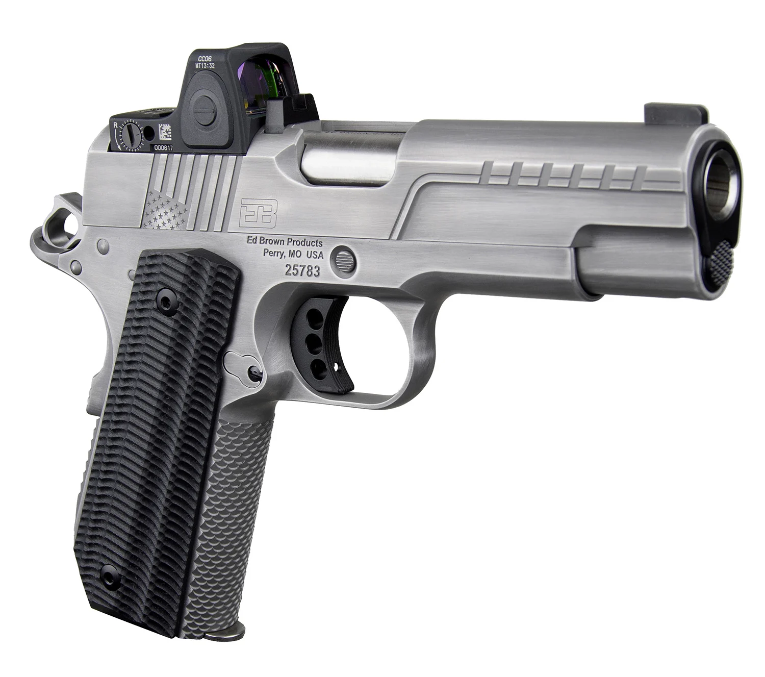 Ed Brown FX2SS FX2 45 ACP 7+1 4.25" Recessed Crown Barrel, Stainless Steel Engraved American Flag/Serrated Slide, Stainless Steel Frame, Trijicon RMRcc 3.25 MOA Sight