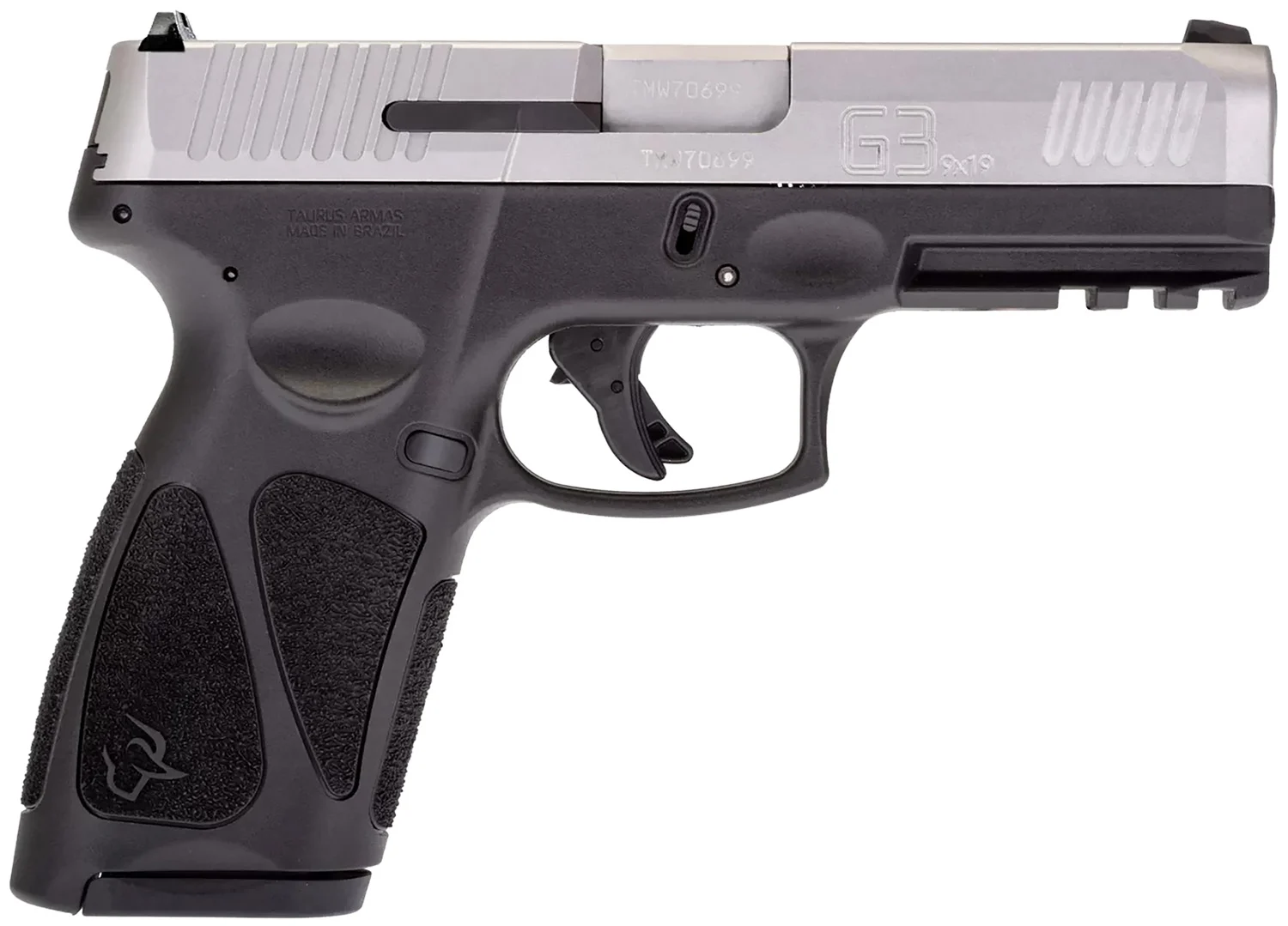 Taurus 1G3B949 G3 Full Size Frame 9mm Luger 15+1/17+1 4" Matte Stainless Steel Barrel, Matte Serrated Stainless Steel Slide, Black Polymer Frame w/Picatinny Rail, Black Polymer Grip, Right Hand