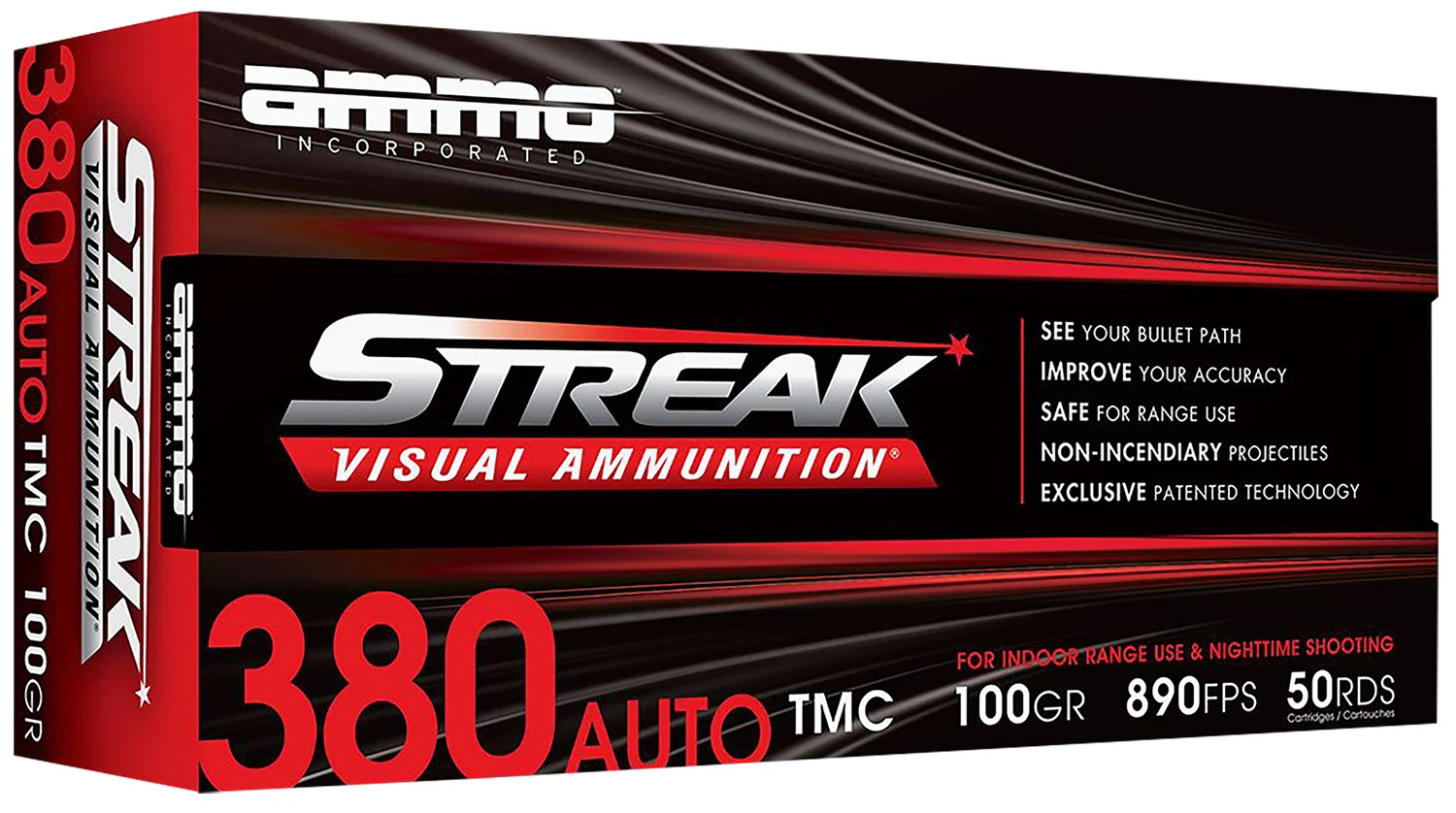 AMMO Inc 380100tmcstrkred50 Streak Visual (red) 380acp 100gr Total Metal Case 50 Per Box/20 Case