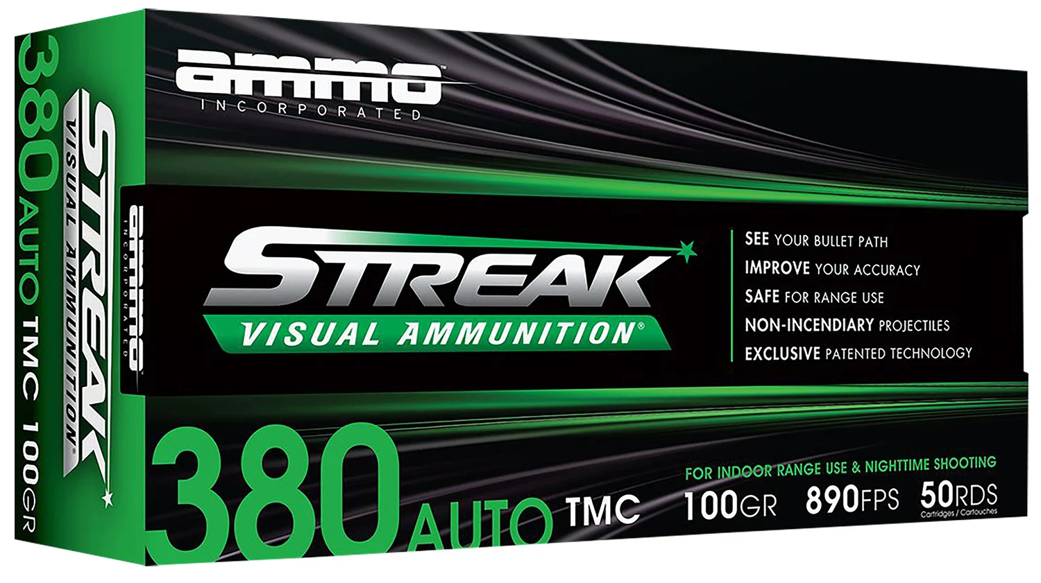 AMMO Inc 380100tmcstrkgrn50 Streak Visual (green) 380acp 100gr Total Metal Case 50 Per Box/20 Case