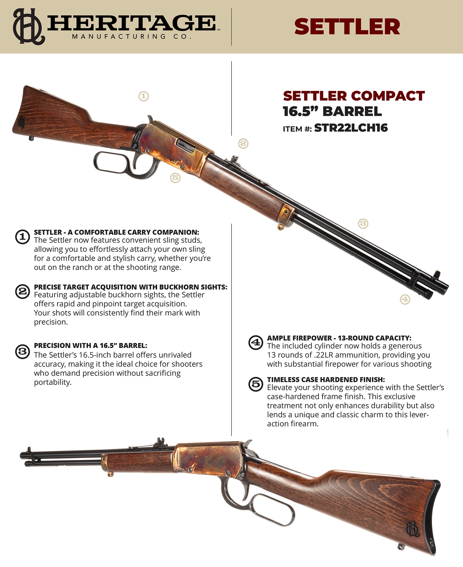 Heritage Mfg STR22LCH16 Settler Compact 22 LR 13+1 16.50" Black Oxide Barrel, Color Case Hardened Rec, Light Stained Walnut Furniture, Buckhorn Sights