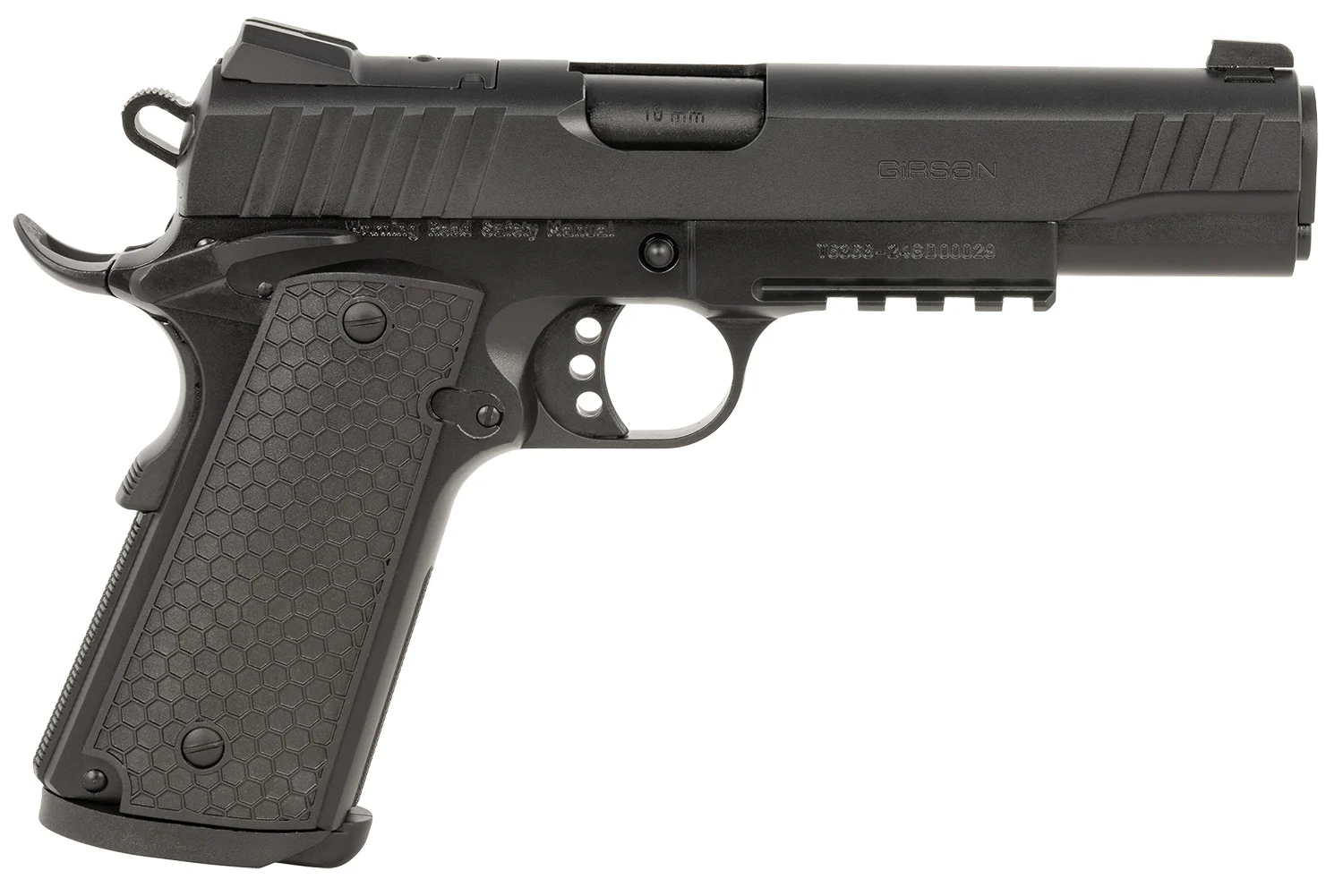 GIRSAN 391048 Mc1911 S Influencer Full Size 10mm Auto 9+1 5" Blued Steel Barrel, Black Optic Ready/serrated Steel Slide & Frame W/picatinny Rail & Beavertail, Black Polymer Grip