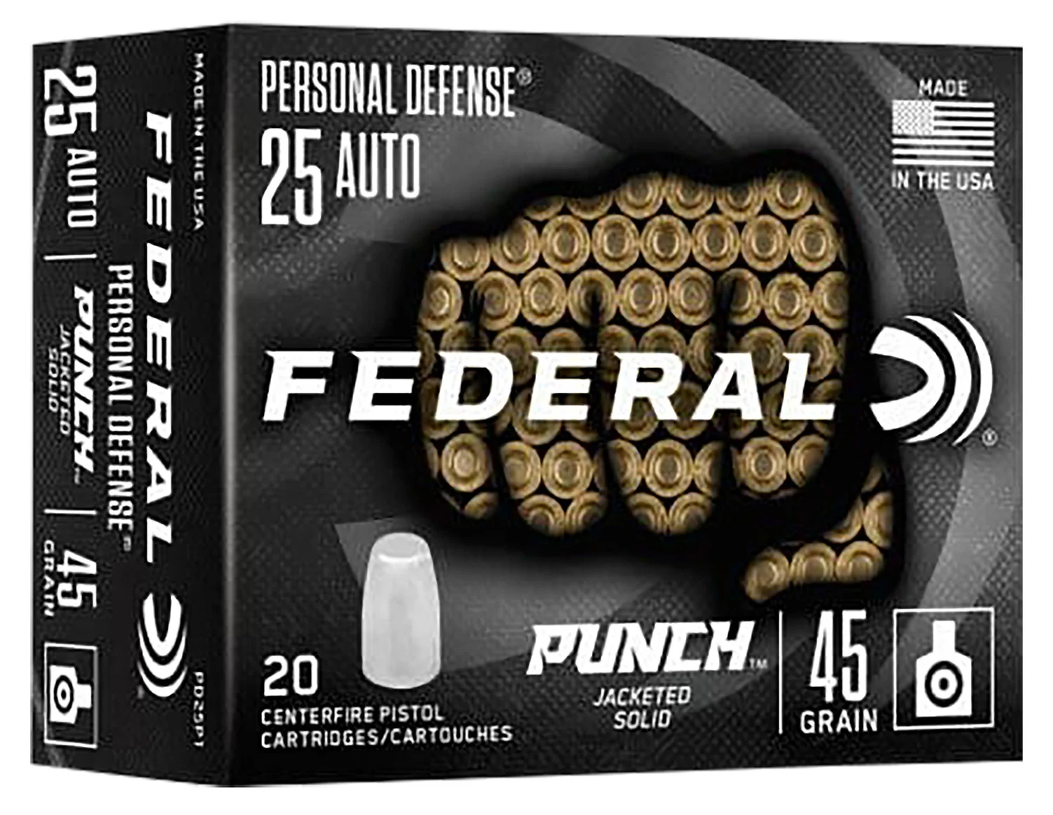 FEDERAL Pd25p1 Punch Personal Defense 25acp 45gr Hollow Point 20 Per Box/10 Case
