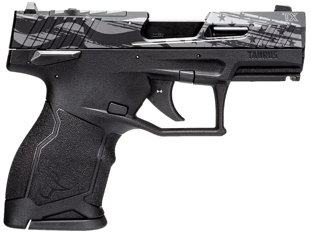 Taurus 1TX2213110US5 TX22C T.O.R.O. Compact Frame 22 LR 10+1 3.60" Matte Black Threaded Barrel, Engraved Distressed USA Flag Optic Ready/Serrated Slide, Black Polymer Frame
