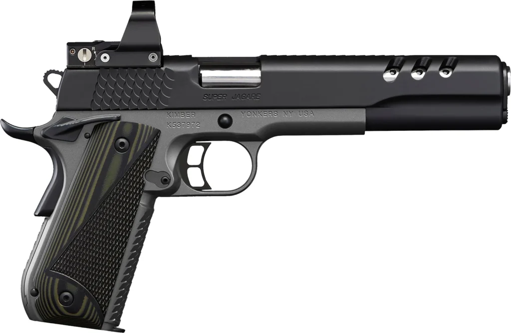 Kimber Mfg, Inc 3000278 Super Jagare w/Optic 10mm Auto 8+1 6" Stainless Match Grade Barrel, Diamond Carbon Coating Ported/Serrated Stainless Steel Slide, Kimpro II Gray Micarta Grip, Delta Pro Red Dot