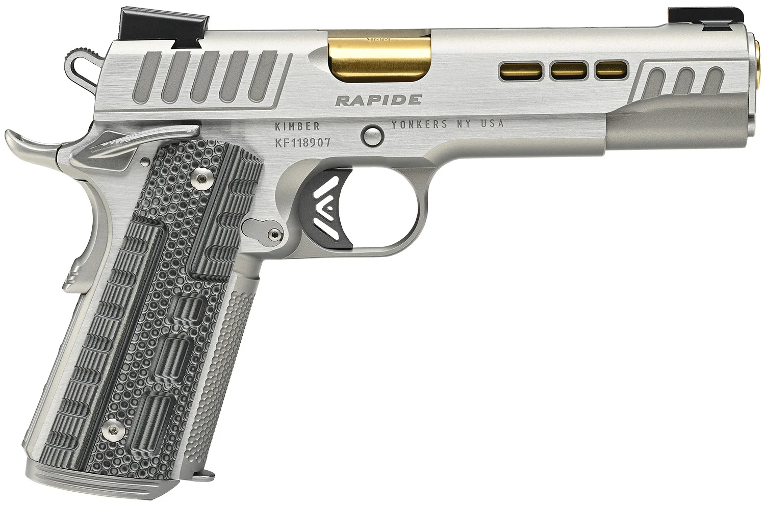 KIMBER Mfg.,inc 3000420 Rapide Dawn 9mm Luger 9+1 5" Gold Tin Stainless Steel Barrel, Lightening Cut/serrated Stainless Steel Slide, Stainless Steel Frame W/beavertail, Black & Gray G10 Grip