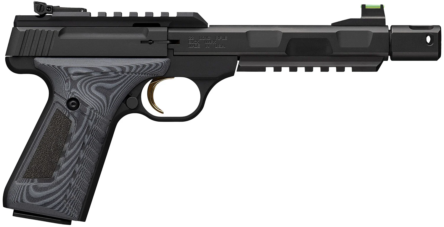 Browning 051598490 Buck Mark Contour Pro 22 LR 10+1 4.40" Black Threaded w/Compensator Barrel, Matte Black Picatinny Rail Receiver, Matte Black Aluminum Frame w/Picatinny Rail, Black/Gray G10 Grip