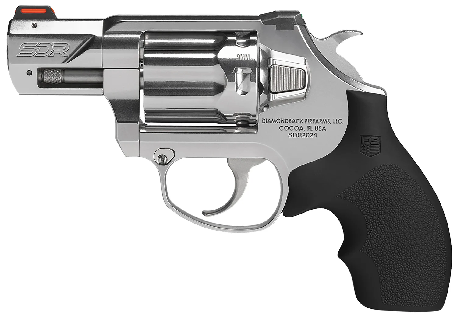 Diamondback DB0700P701 SDR Small 9mm Luger +P 6 Shot 2" Polished Stainless Steel Barrel & Frame, Stainless Steel Cylinder, Black Hogue Rubber Grip, Exposed Hammer