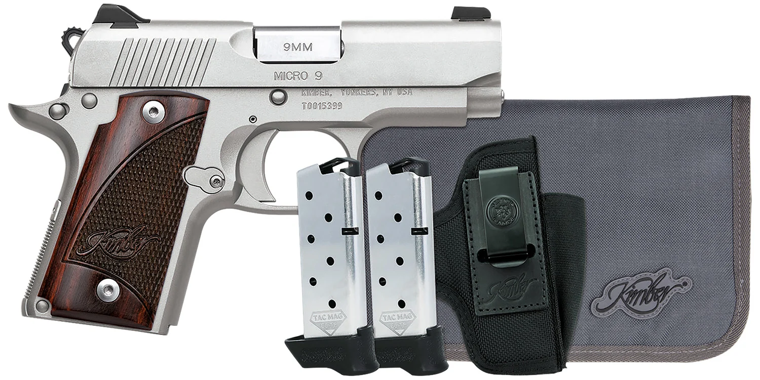 KIMBER Mfg, Inc 3300250 Micro 9 Rtc Bundle Micro Frame 9mm Luger 7+1 3.15" Stainless Match Grade Barrel, Kimpro Ii Silver Serrated Slide, Kimpro Ii Silver Aluminum Frame W/beavertail, Rosewood Grip
