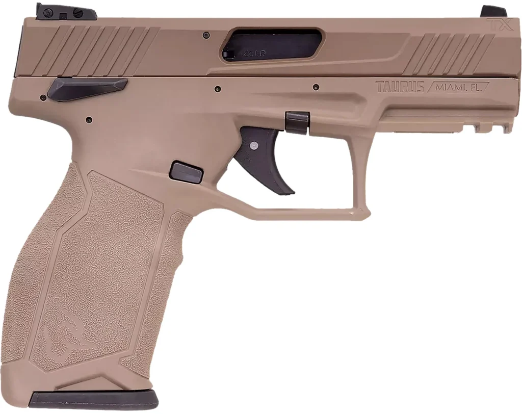 Taurus 1-2TX22141F 2TX  Full Size Frame 22 LR 22+1 4.60" Matte Black Threaded Barrel, Black Anodized Serrated Slide, Flat Dark Earth Polymer Frame w/Picatinny Rail, Textured Grip