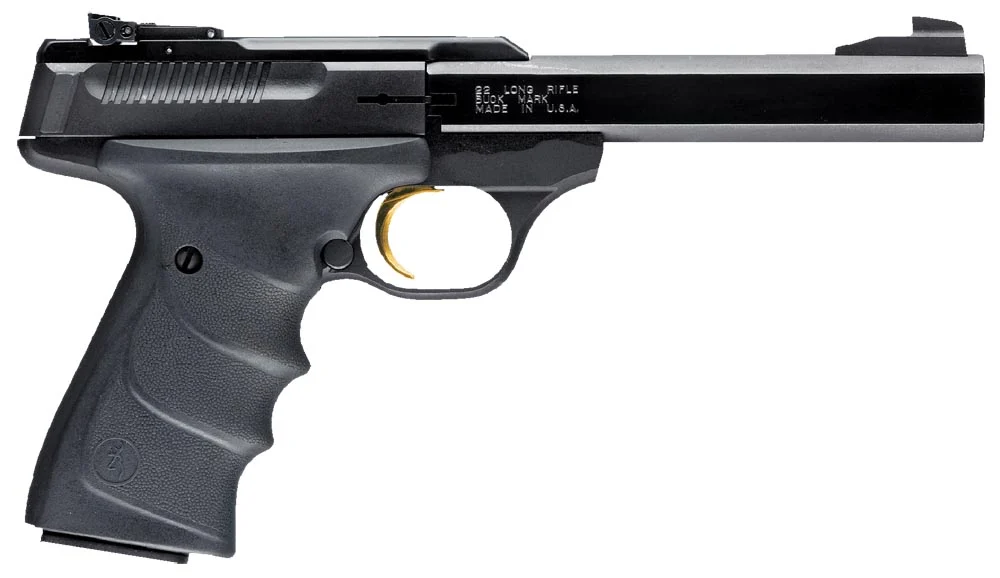 Browning 051407490 Buck Mark Standard *CA Compliant 22 LR 10+1 5.50" Slab Side Barrel, Matte Black Serrated Steel Slide & Aluminum Frame, Black Overmolded Grips