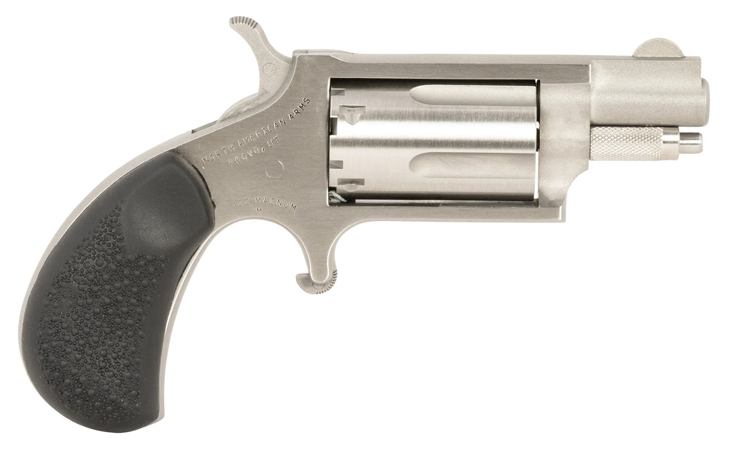 North American Arms 22MSGRCHSS Mini-Revolver Carry Combo Sports South Exclusive 22 WMR 5 Shot 1.13" Stainless Steel Barrel, Frame & Cylinder, Black Rubber Grip, Exposed Hammer, Side Carry Holster