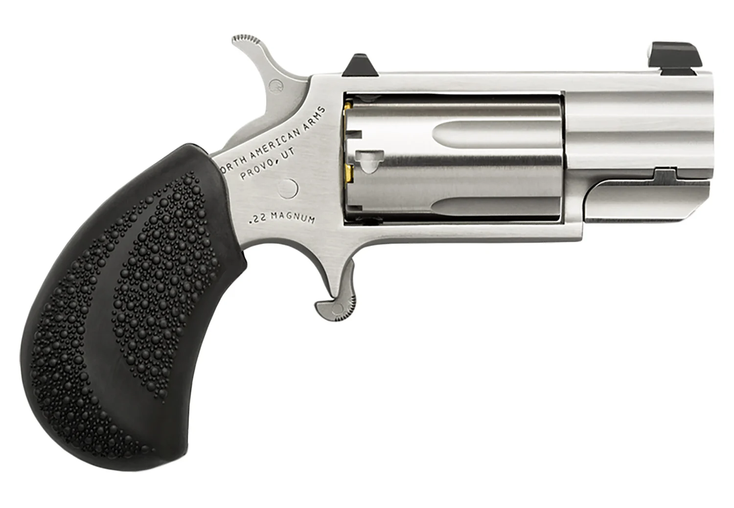 North American Arms PUGD Pug 22 WMR 5 Shot 1" Stainless Steel Barrel, Frame & Cylinder, Black Pebbled Rubber Grip, Exposed Hammer