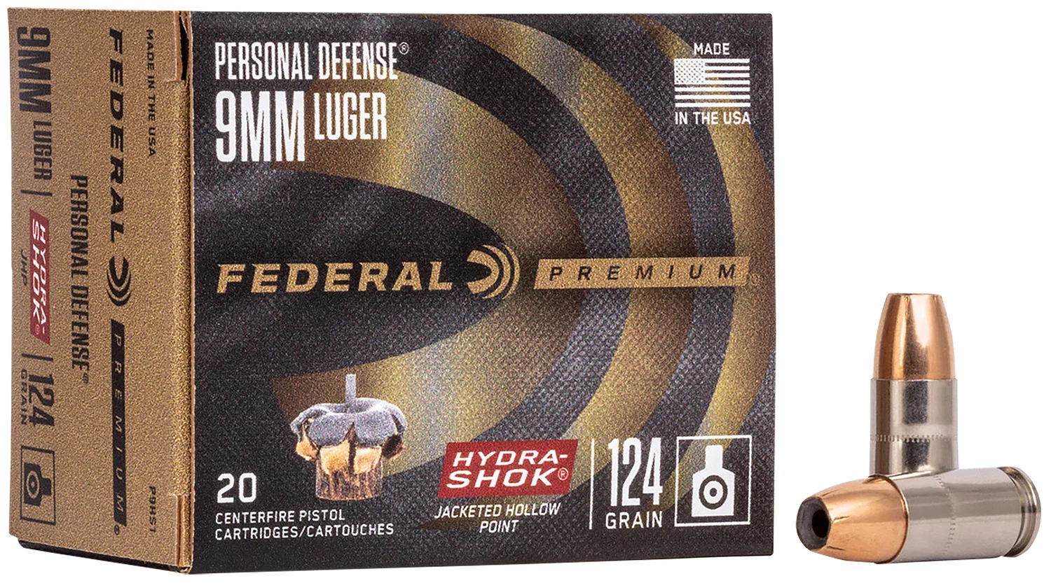 FEDERAL P9hs1 Premium Personal Defense 9mmluger 124gr Hydra-shok Jacketed Hollow Point 20 Per Box/25 Case